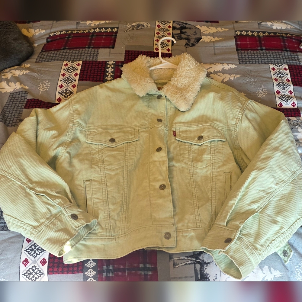 Levi's Light Green Corduroy Jacket with Faux Fur Collar